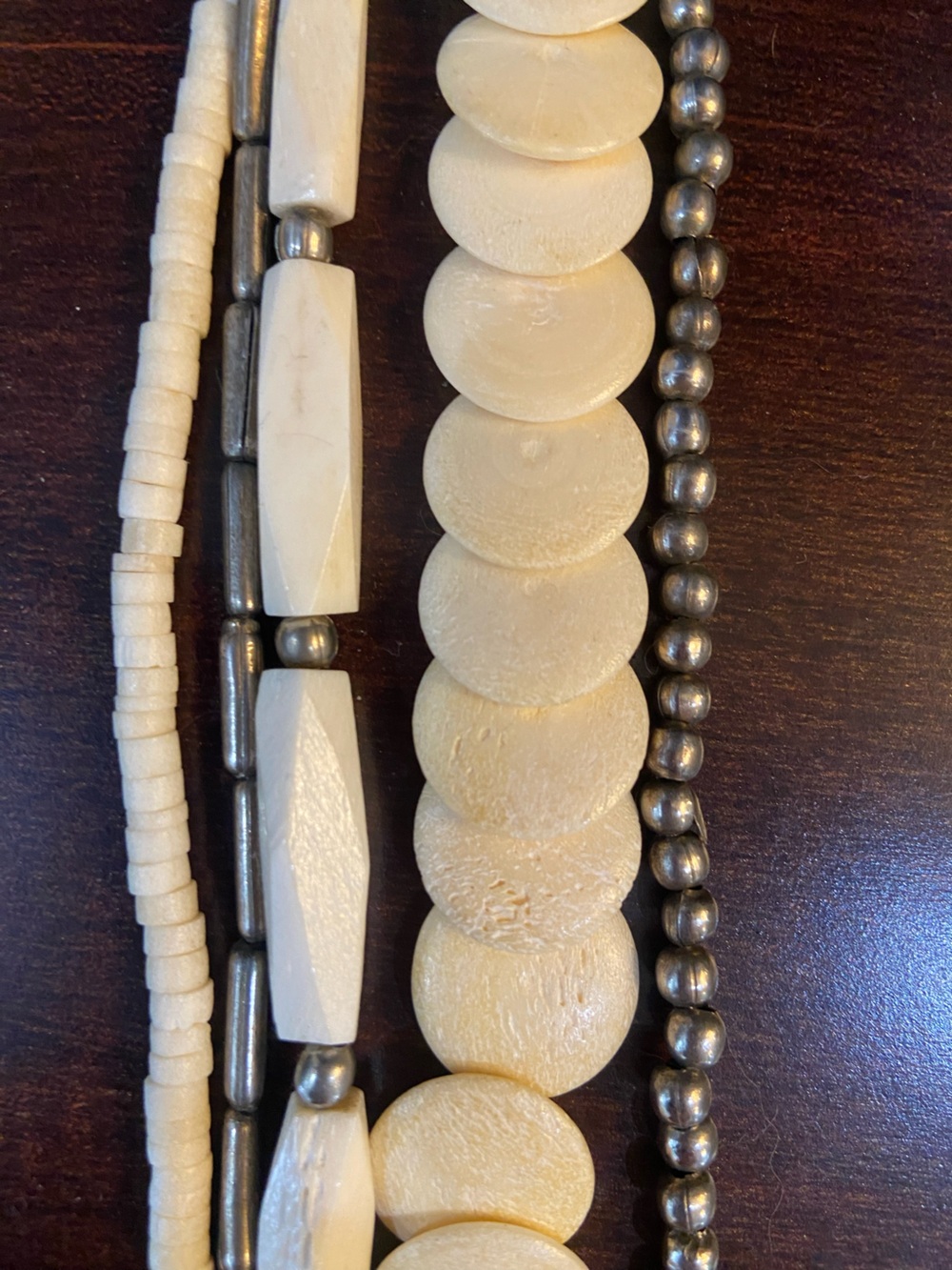 Bone and silver tone Beaded Multi-Strand Necklace - Cream & Silver